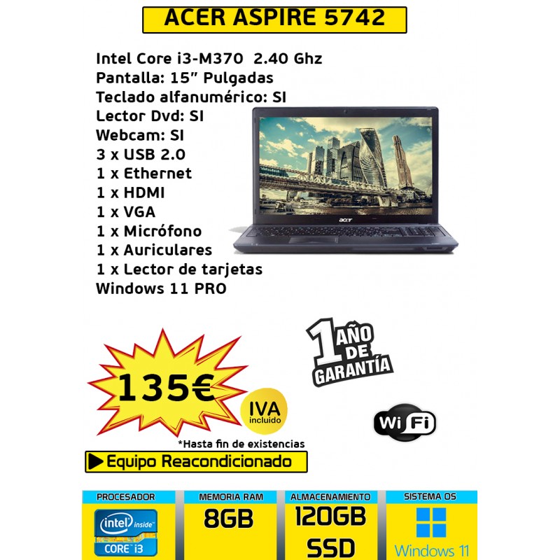 ACER ASPIRE 5742 CORE I3 8 GB 120 GB SSD M370