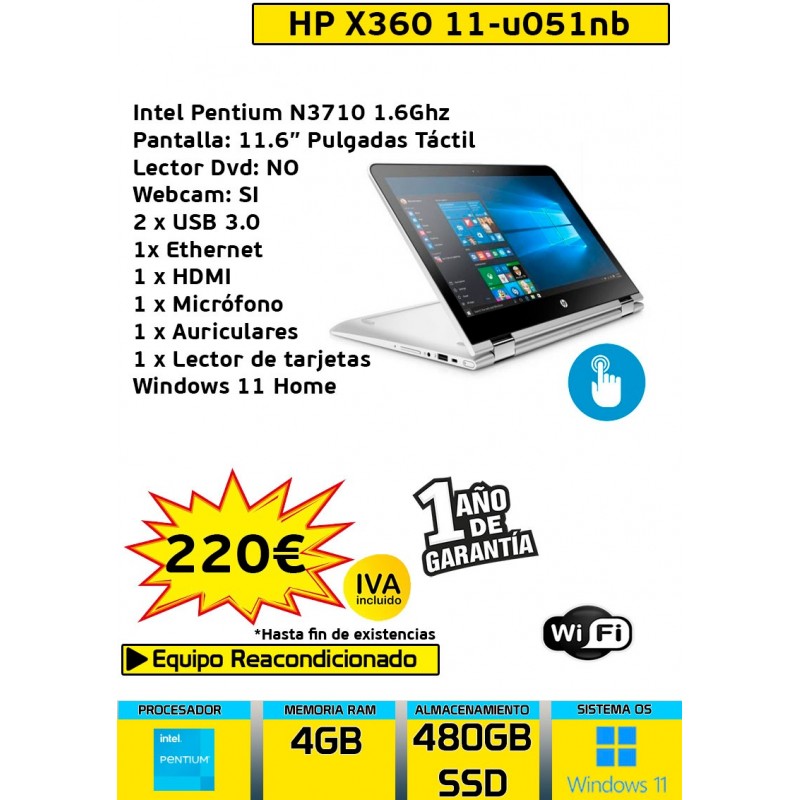 HP PAVILION X360 INTEL PENTIUM N3710 4GB 480GB