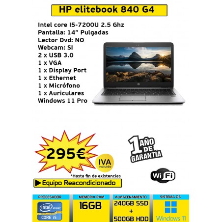 HP ELITEBOOK 840 G4 CORE I5 16GB 240GB SSD 500GB HDD