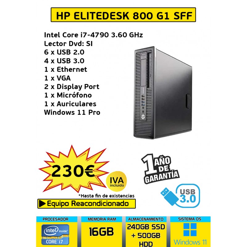 HP 800 G1 SFF CORE I7 16GB 240GB SSD + 500 GB HDD
