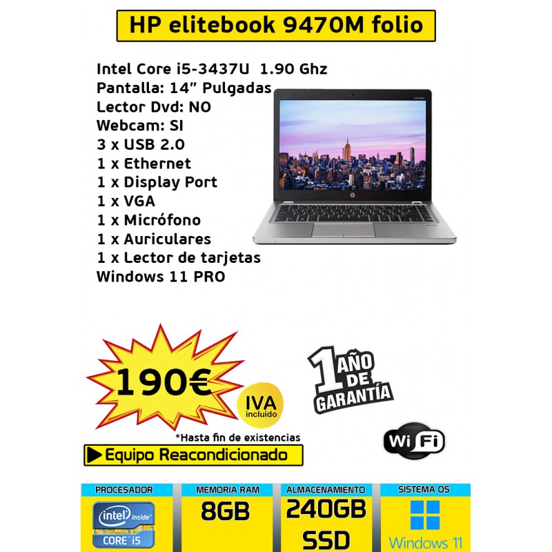 HP ELITEBOOK 9470M FOLIO CORE I5-3437U 8GB RAM  240GB SSD