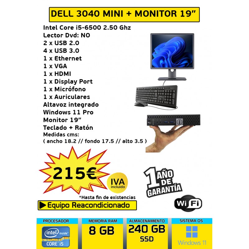 EQUIPO COMPLETO DELL 3040 MINI 8GB RAM 240GB SSD + MONITOR+ T+R