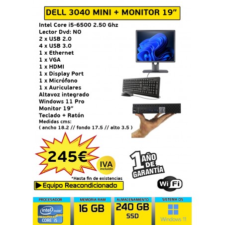 EQUIPO COMPLETO DELL 3040 MINI 16GB RAM 240GB SSD + MONITOR+ T+R