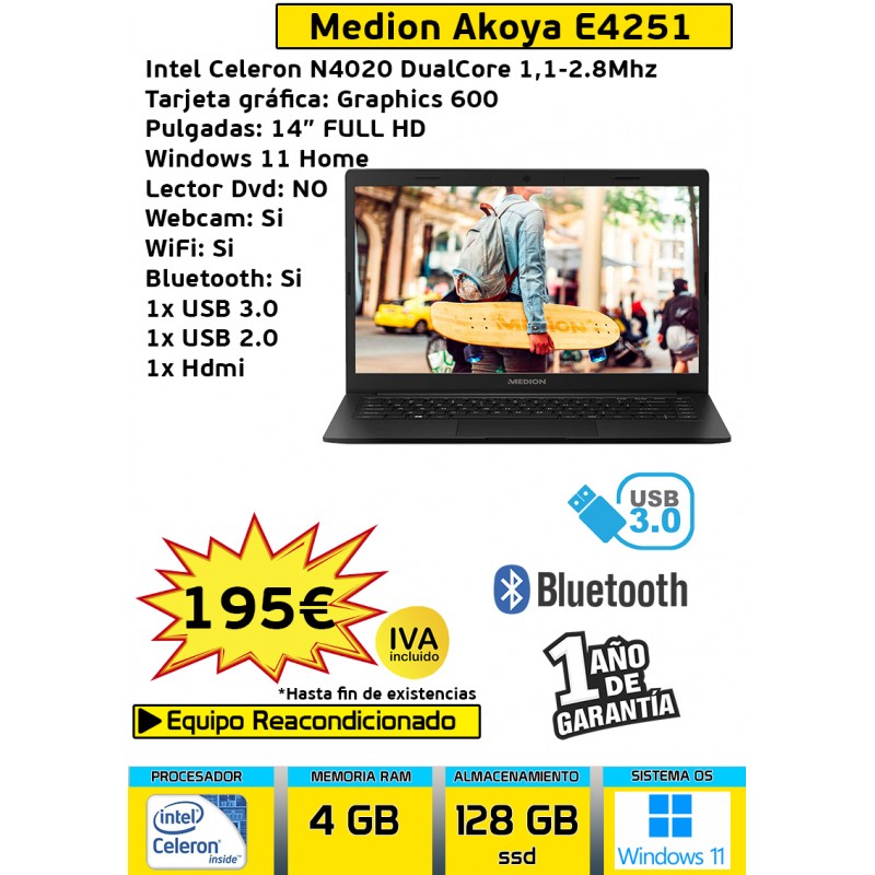 MEDION AKOYA E4251  INTEL CELERON N4020 DUALCORE 4GB RAM 128GB SSD