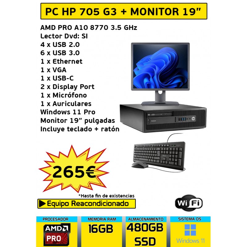 HP ELITEDESK 705 G3 SFF 16GB 480GB SSD EQUIPO COMPLETO